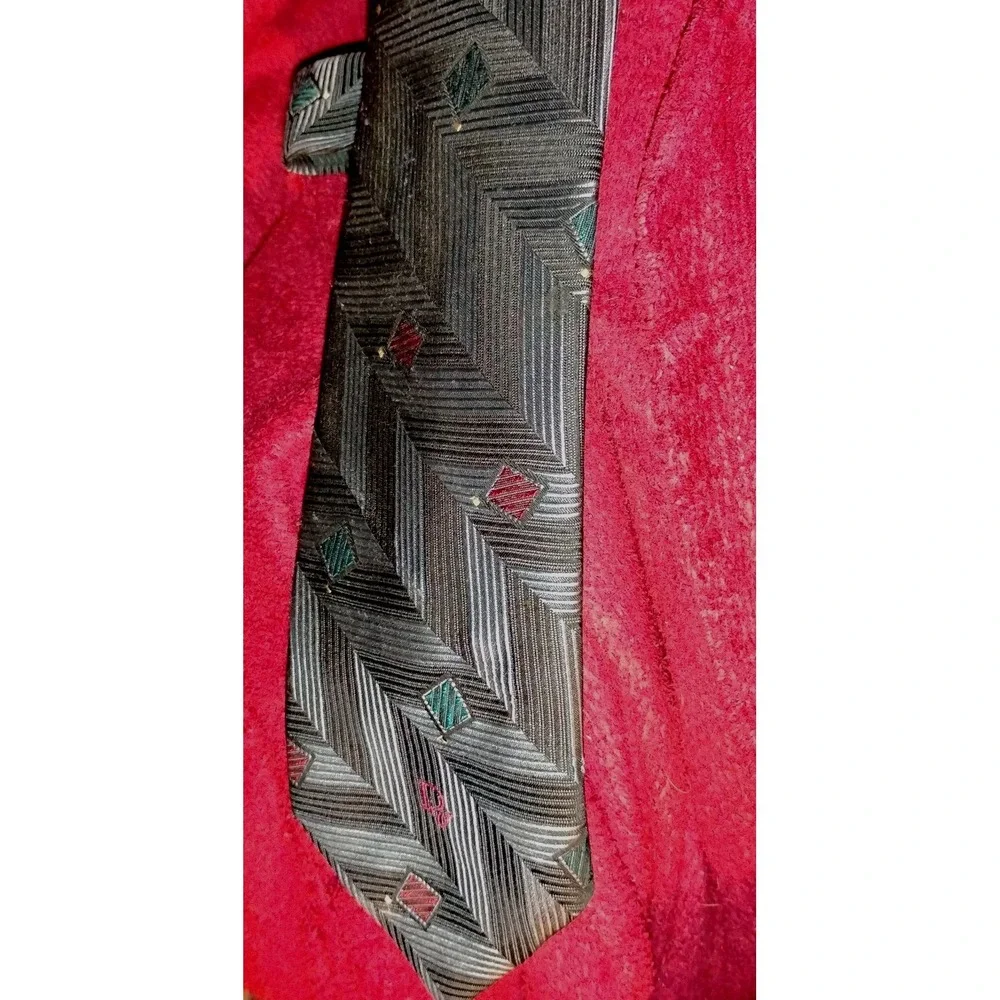 Christian Dior MONSIEUR Neck Tie Geometric Gray Matte Metal Tone Red Green Boxes
